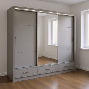“Triple wardrobe with drawers and shelves – grey finish modern bedroom”