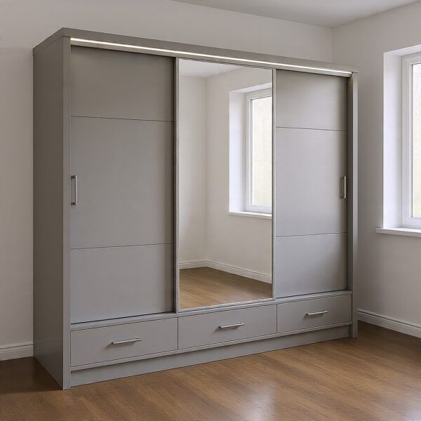 “Triple wardrobe with drawers and shelves – grey finish modern bedroom”