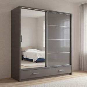 Grey 205 cm sliding door wardrobe with shelves and hanging rail