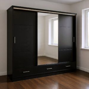 3 door sliding mirror wardrobe with drawers and shelves in Black gloss finish