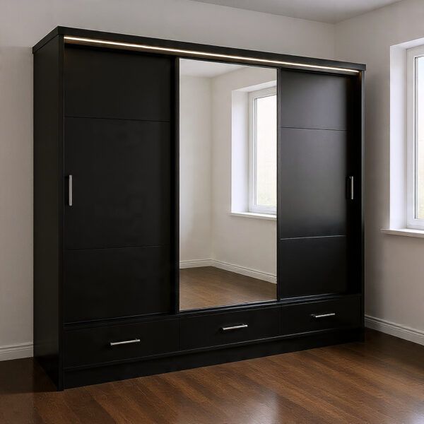 3 door sliding mirror wardrobe with drawers and shelves in Black gloss finish
