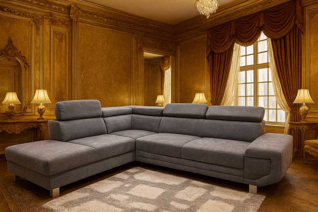 Modern grey fabric corner sofa in living room