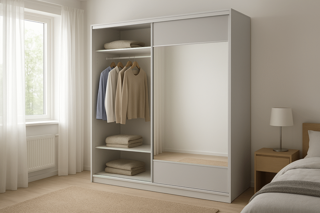 Modern bedroom featuring a grey sliding door wardrobe with mirror – HomeAffairs.Store