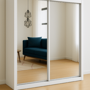 Sliding mirrored wardrobe with drawers – white colour