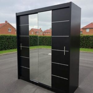 Shop the black wardrobe with mirror door — modern sliding design, shelves, hanging rail, and durable storage for UK bedrooms. Perfect for small rooms. Fast delivery available.